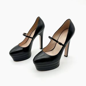 GUCCI Angel 95 Mary Jane Black Platform Heels Size 37.5 US 7.5 Leather Pumps